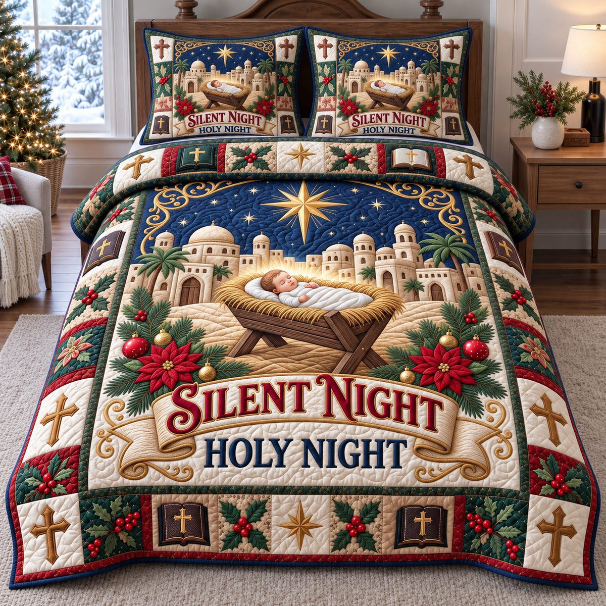 Silent Night Nativity quilted 3-piece bedding set on a made bed in a winter-styled bedroom