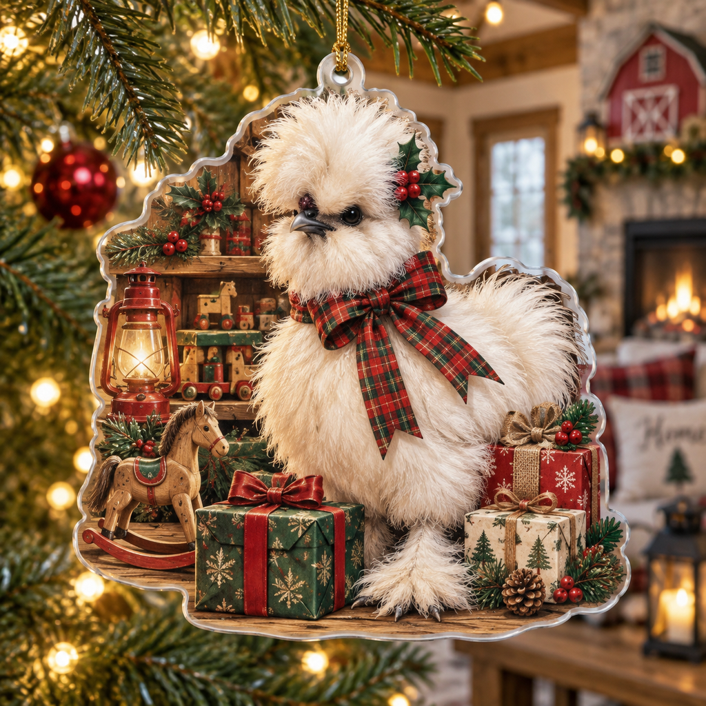 Silkie Chicken Acrylic Christmas Ornament — digital product visualization
