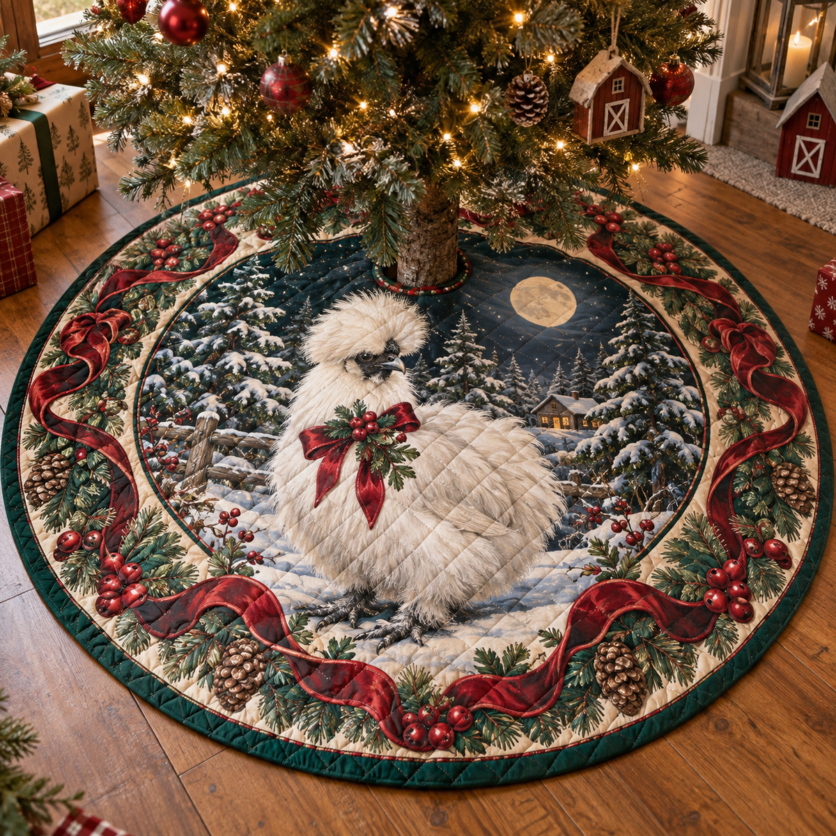 Silkie Chicken Quilted Christmas Tree Skirt — digital product visualization
