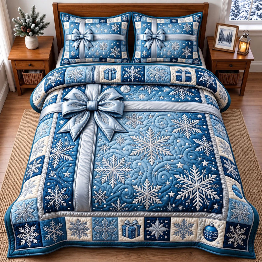 Silver Bow Snowflake Gift quilted 3-piece bedding set on a made bed in a winter-styled bedroom