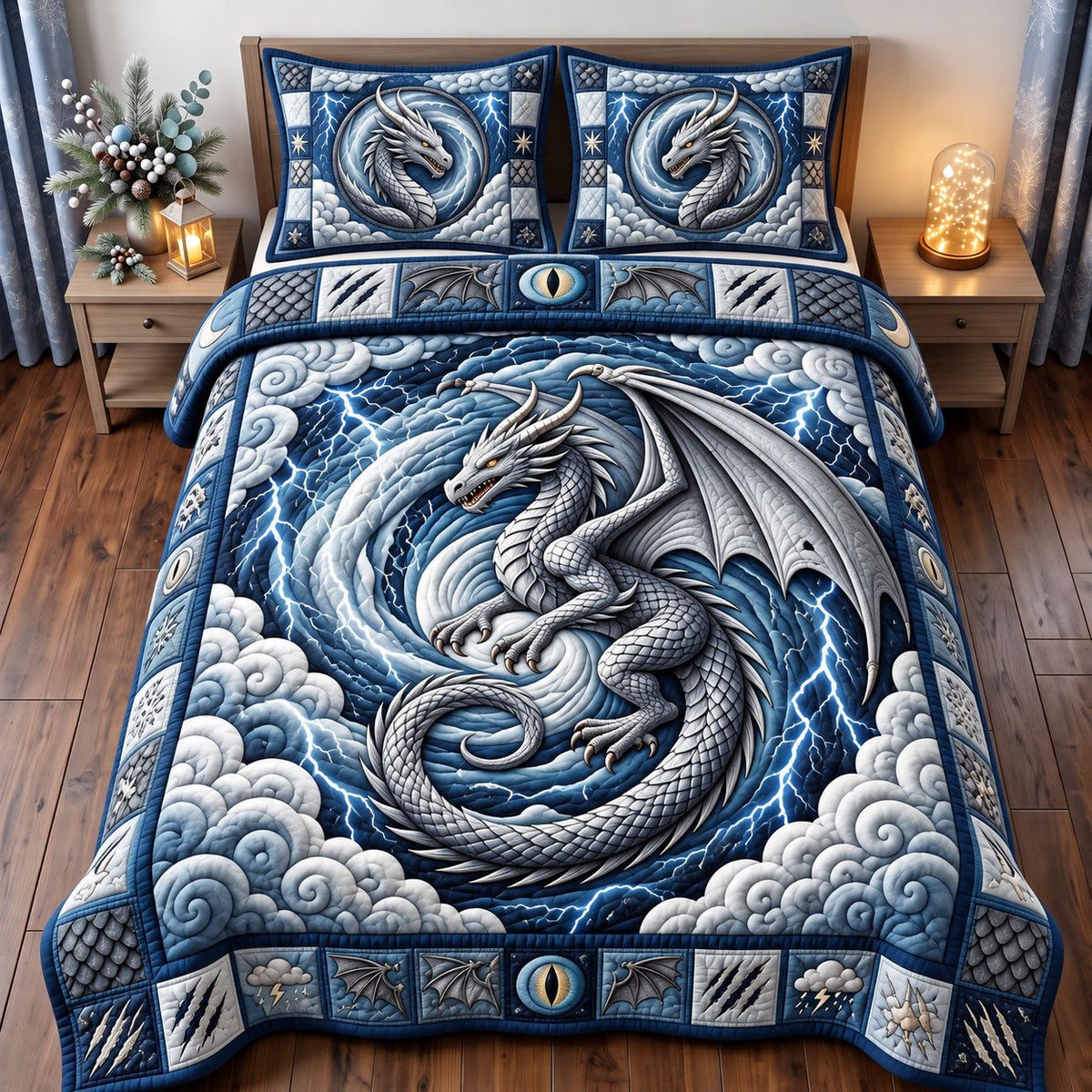 Silver Cloud Dragon quilted 3-piece bedding set on a made bed with two matching pillow shams