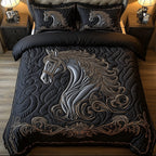 Silver Mane Black Horse quilted 3-piece bedding set on a made bed in a rustic timber bedroom