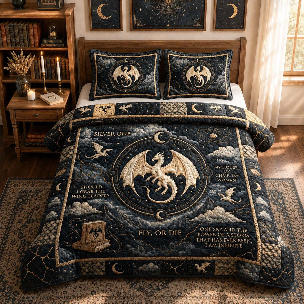 Silver Moon Dragon quilted 3-piece bedding set on a made bed with two matching pillow shams