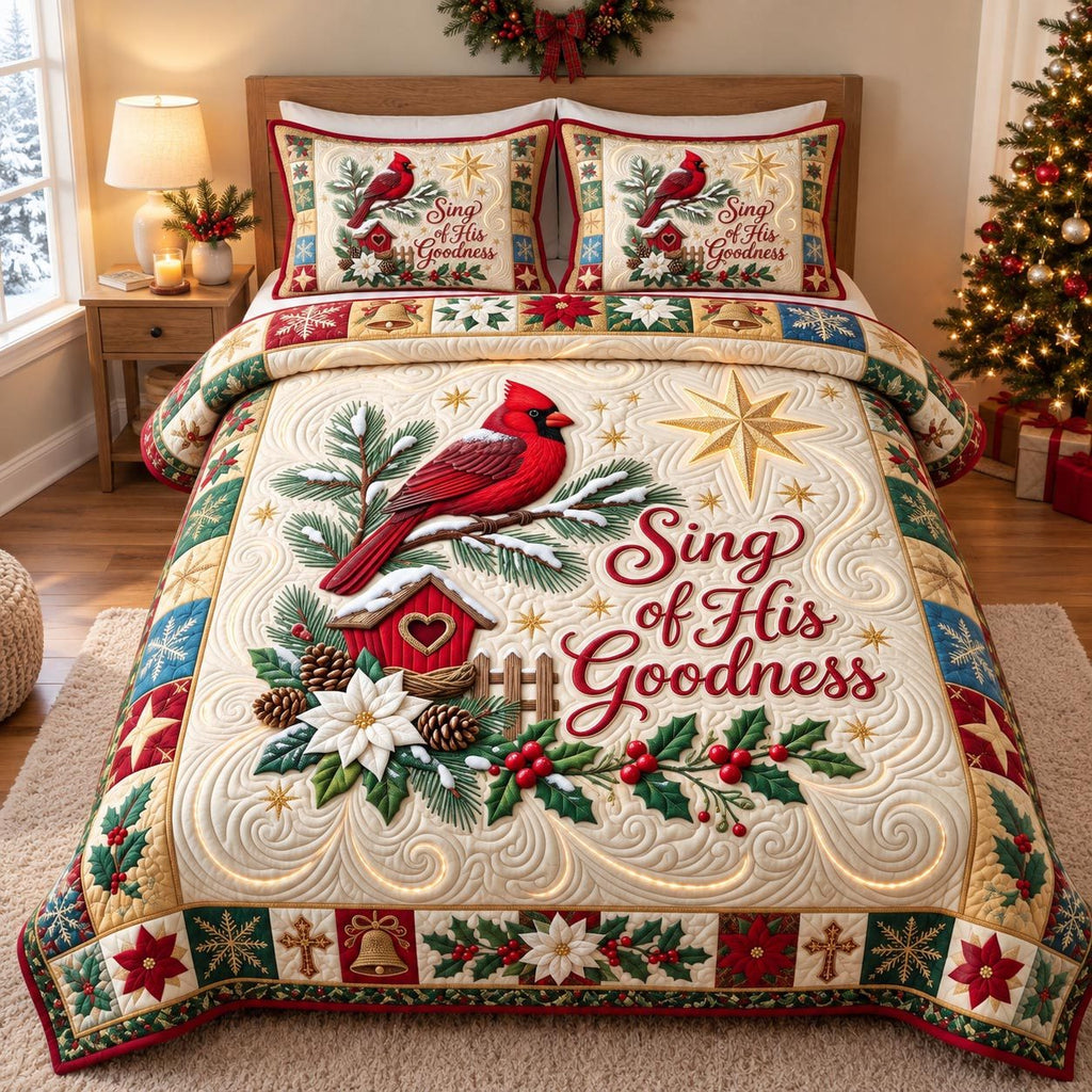 Sing His Goodness quilted 3-piece bedding set on a made bed with two matching pillow shams