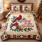 Sing His Goodness quilted 3-piece bedding set on a made bed with two matching pillow shams