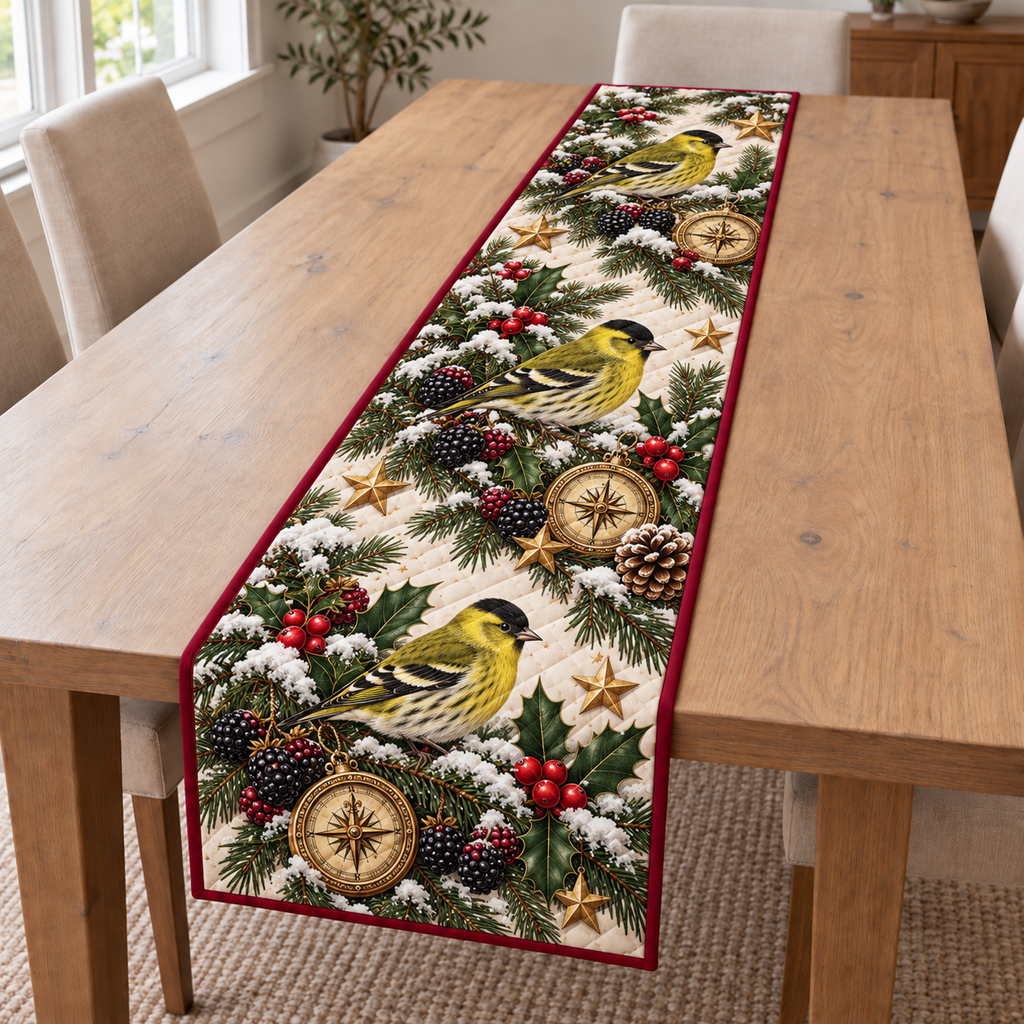 Siskin Blackberry Toy Compass printed Christmas quilted table runner; design mockup showing a flat printed depth effect.