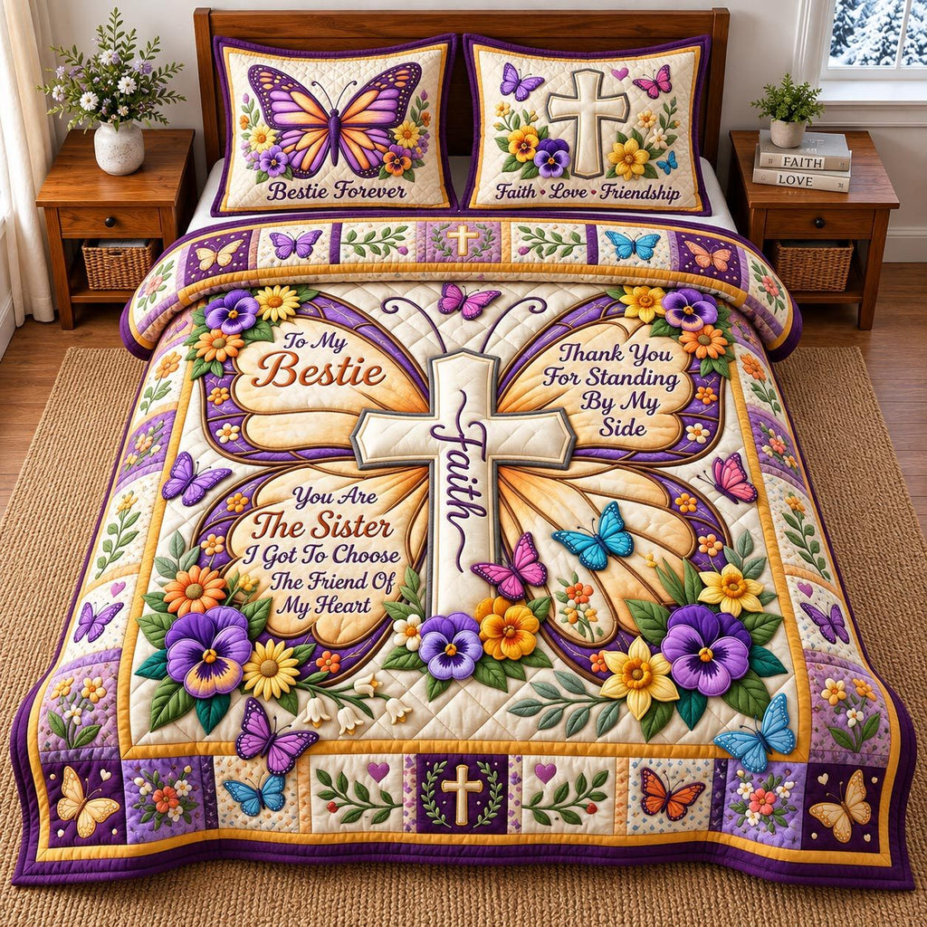 Sister Blessing quilted 3-piece bedding set on a made bed with two matching pillow shams