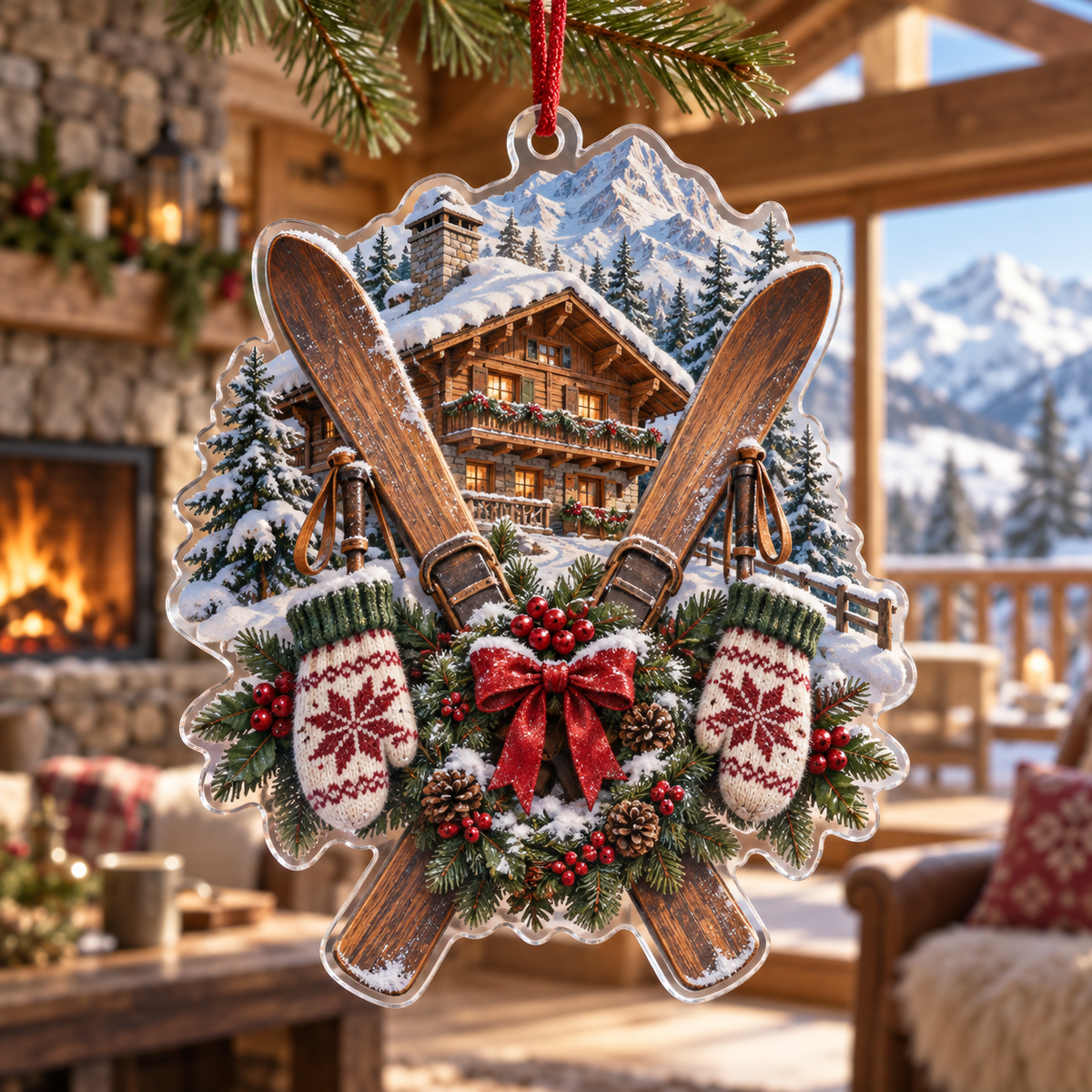 Ski Chalet Acrylic Christmas Ornament — digital product visualization