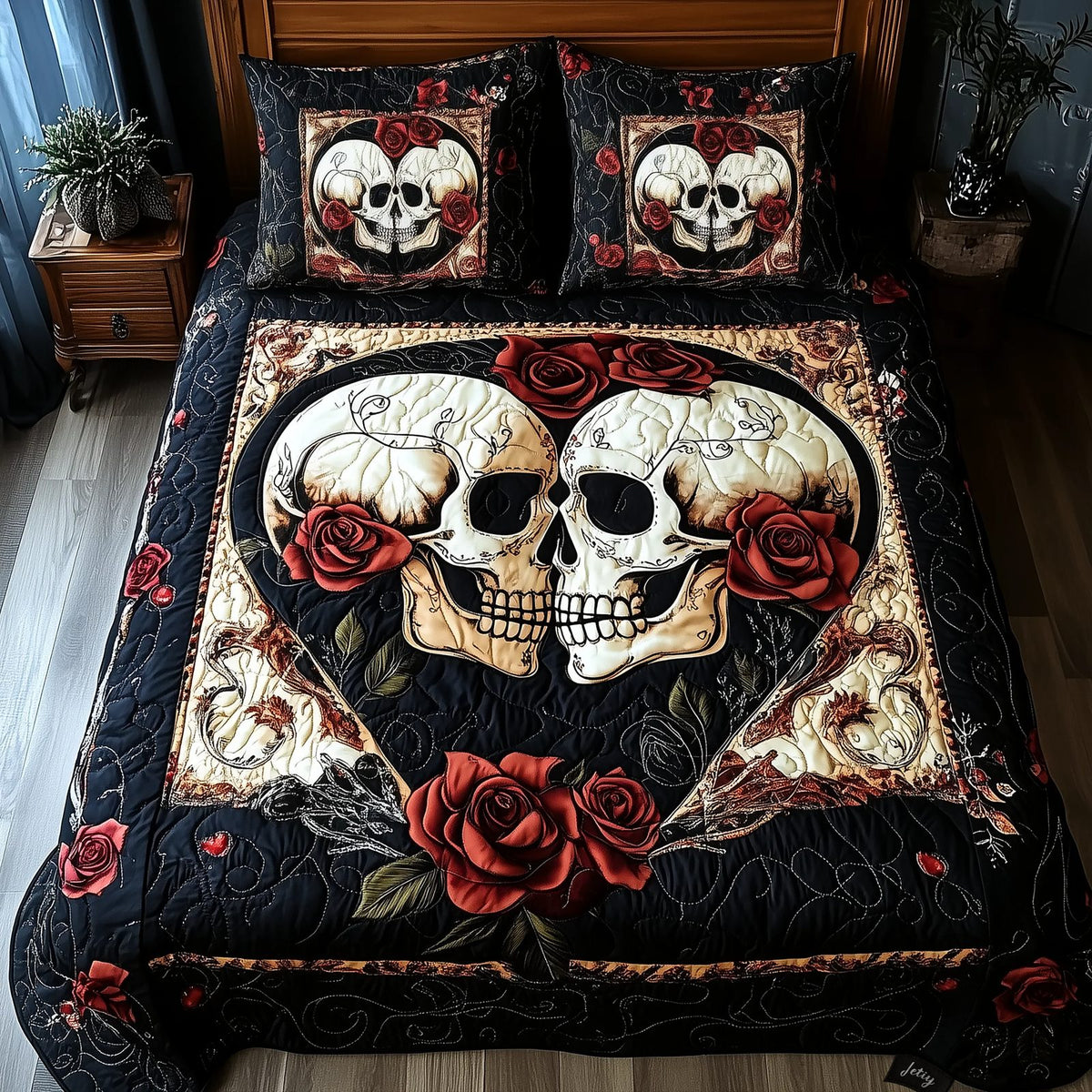 Skull Couple Big Heart quilted 3-piece bedding set on a made bed against a dark styled interior