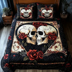 Skull Couple Big Heart quilted 3-piece bedding set on a made bed against a dark styled interior