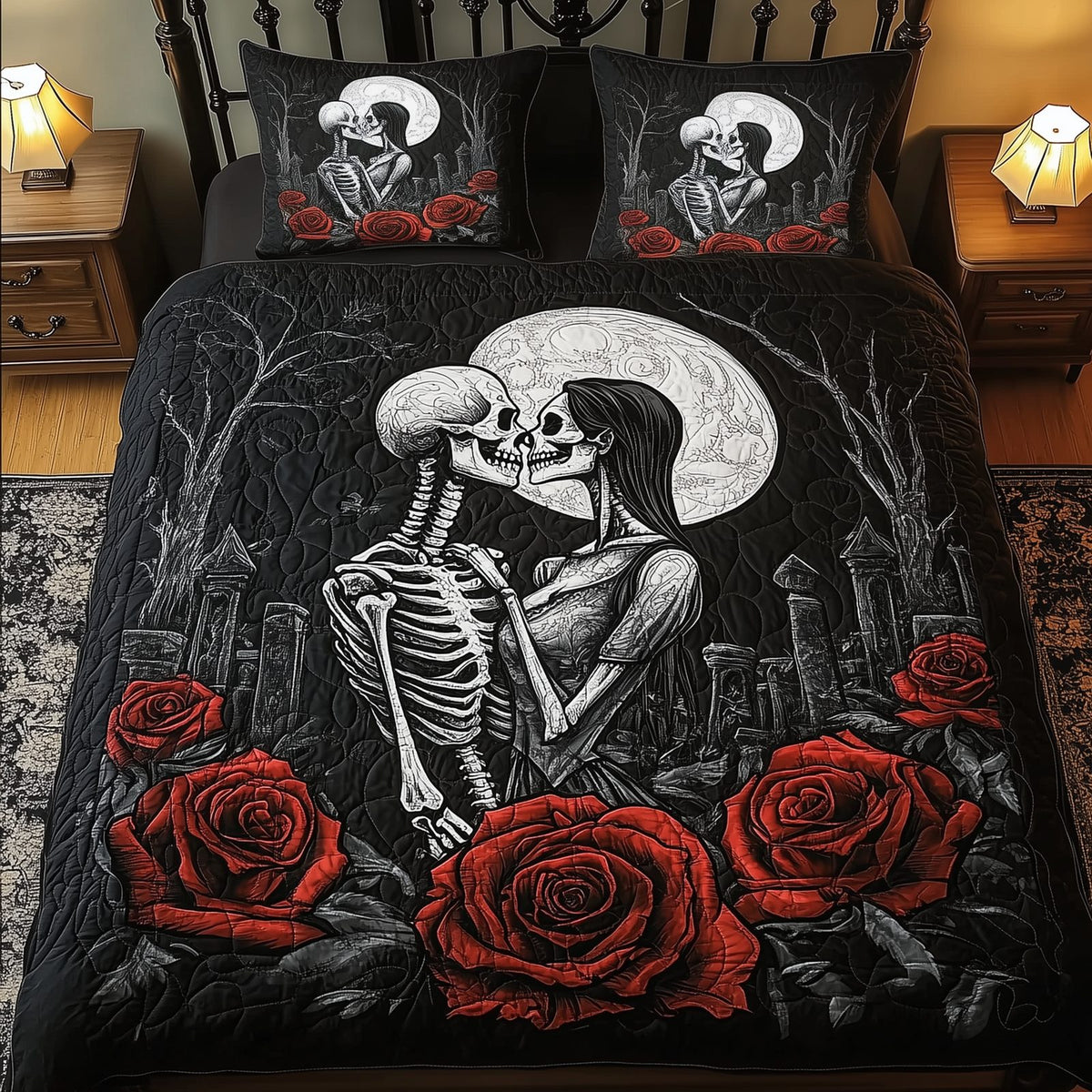 Skull Couple Cemetery quilted 3-piece bedding set on a made bed against a dark styled interior