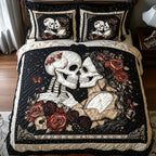 Skull Couple Cream Frame quilted 3-piece bedding set on a made bed against a dark styled interior