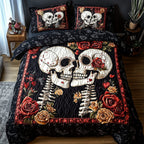 Skull Couple Red quilted 3-piece bedding set on a made bed against a dark styled interior