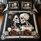 Skull Couple Roses Frame quilted 3-piece bedding set on a made bed against a dark styled interior