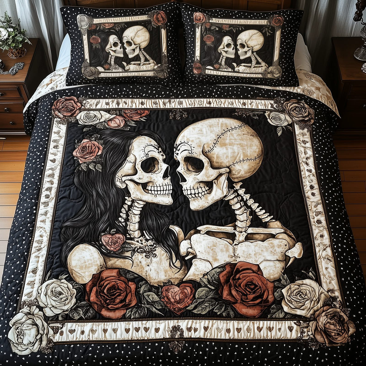 Skull Couple Roses Frame quilted 3-piece bedding set on a made bed against a dark styled interior