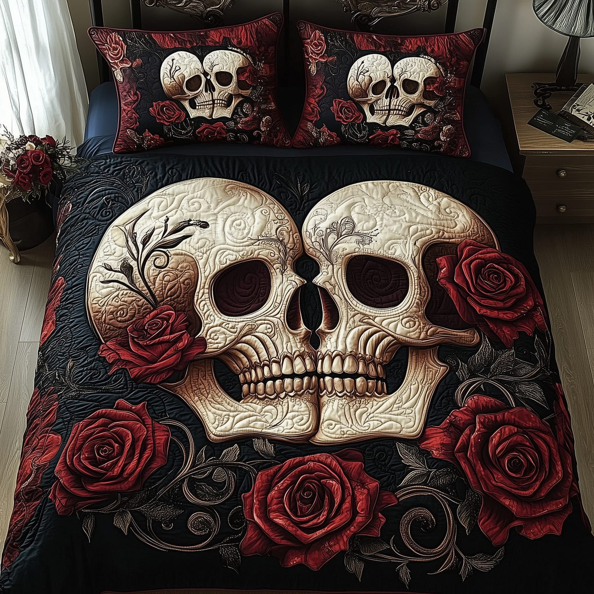 Skull Couple Roses quilted 3-piece bedding set on a made bed against a dark styled interior