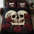 Skull Couple Roses quilted 3-piece bedding set on a made bed against a dark styled interior