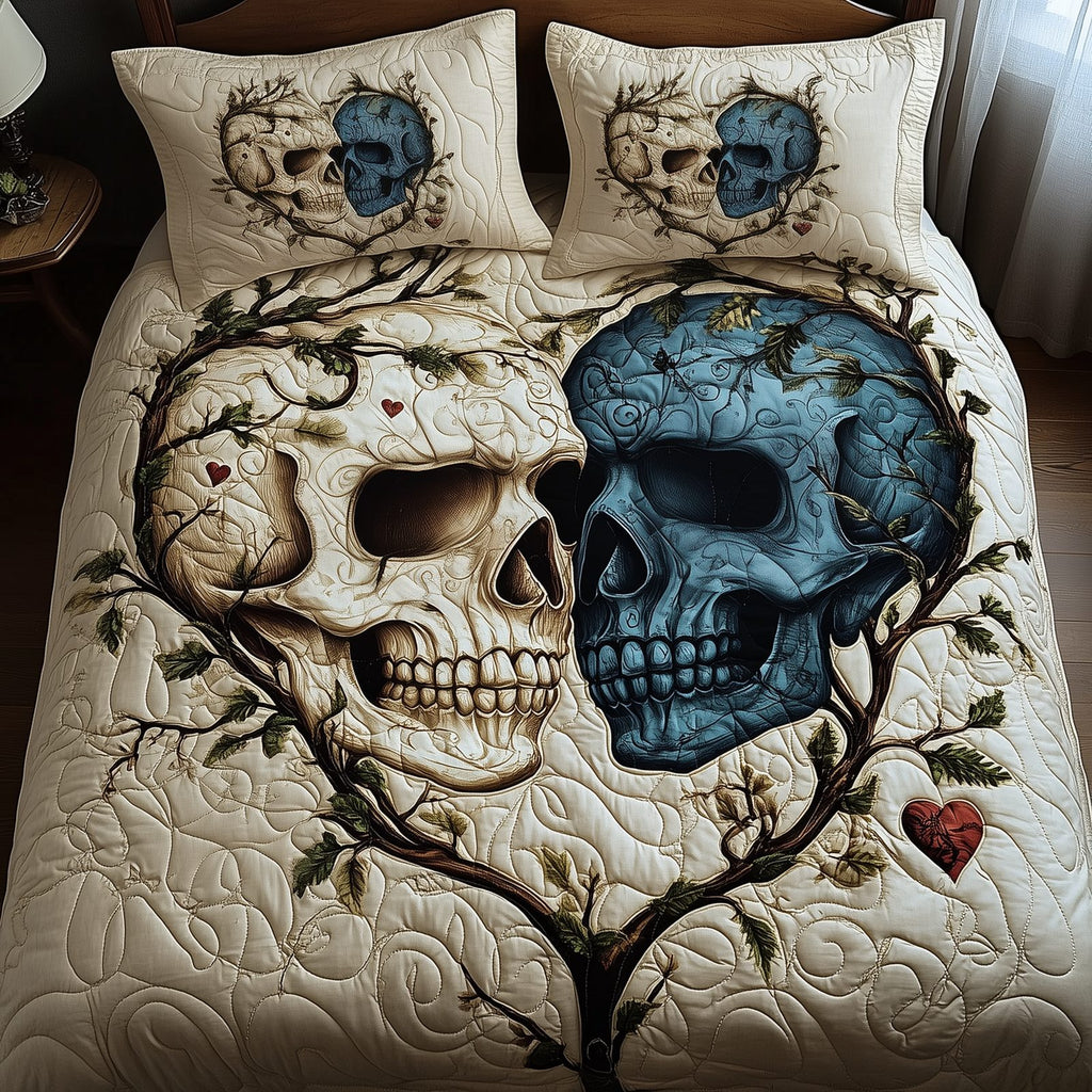 Skull Couple Tree quilted 3-piece bedding set on a made bed against a dark styled interior