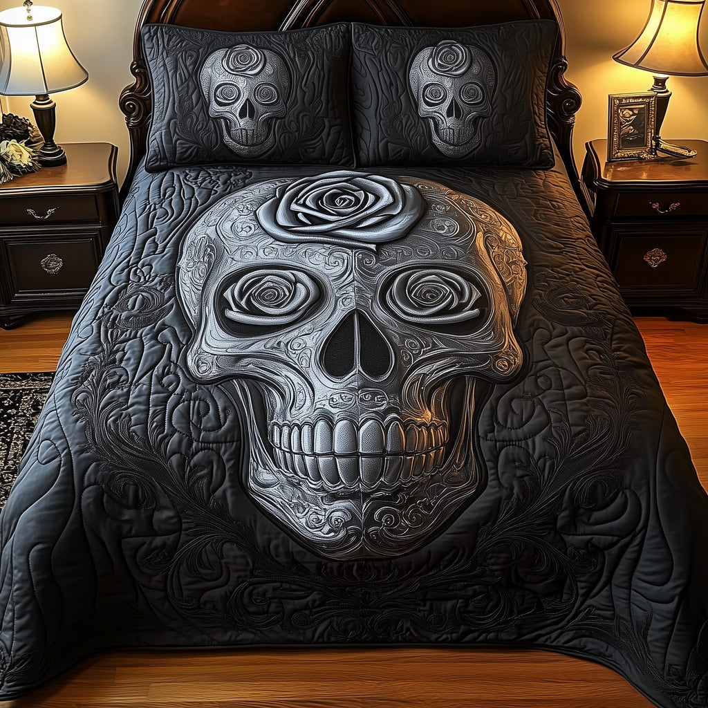 Skull Grey Rose quilted 3-piece bedding set on a made bed against a dark styled interior