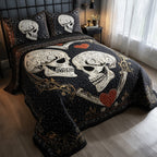Skull Serenity Couple quilted 3-piece bedding set on a made bed against a dark styled interior