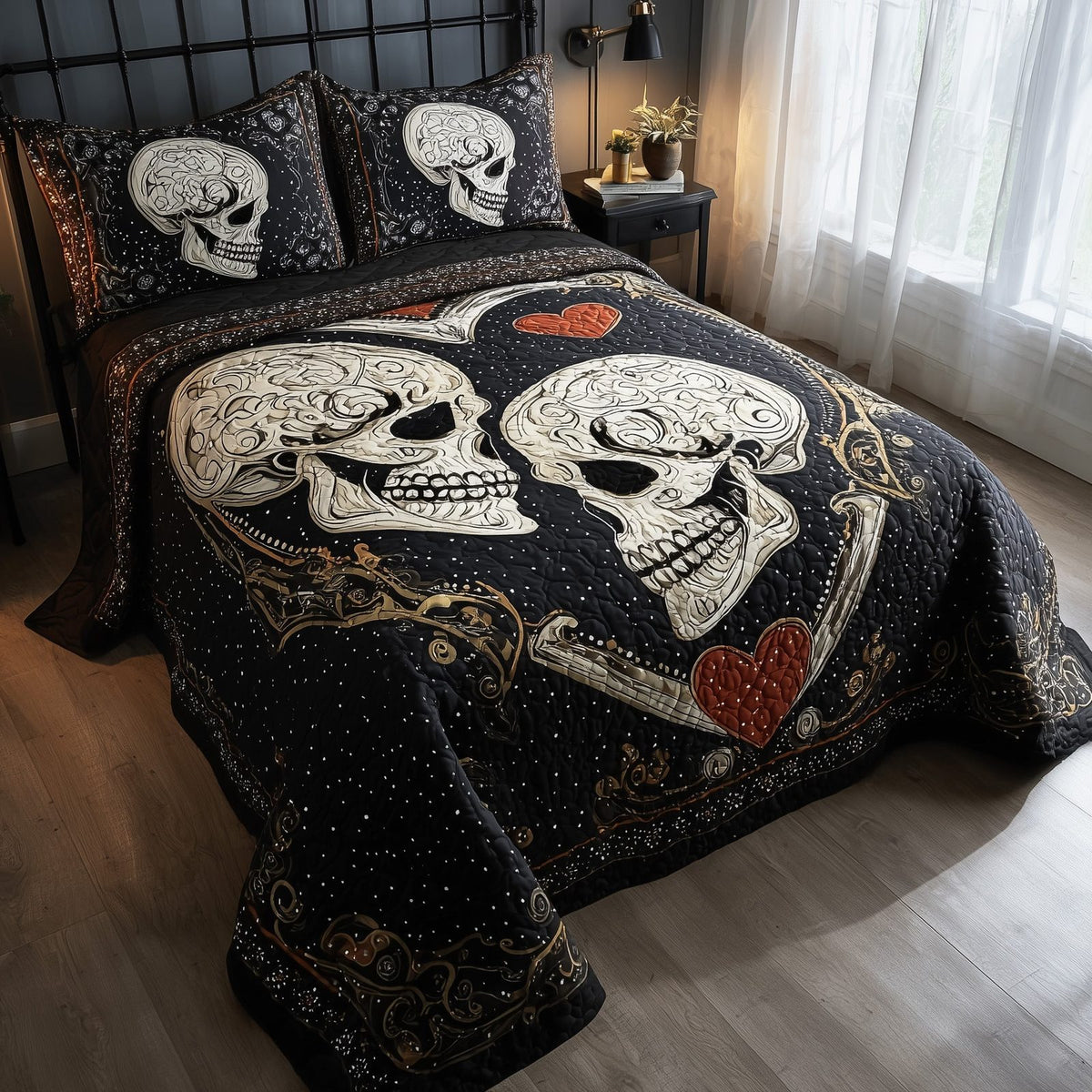 Skull Serenity Couple quilted 3-piece bedding set on a made bed against a dark styled interior