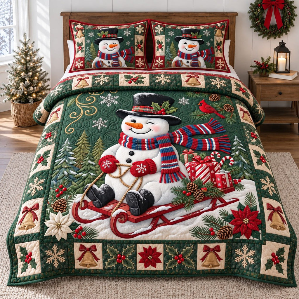 Sledding Snowman quilted 3-piece bedding set on a made bed in a winter-styled bedroom