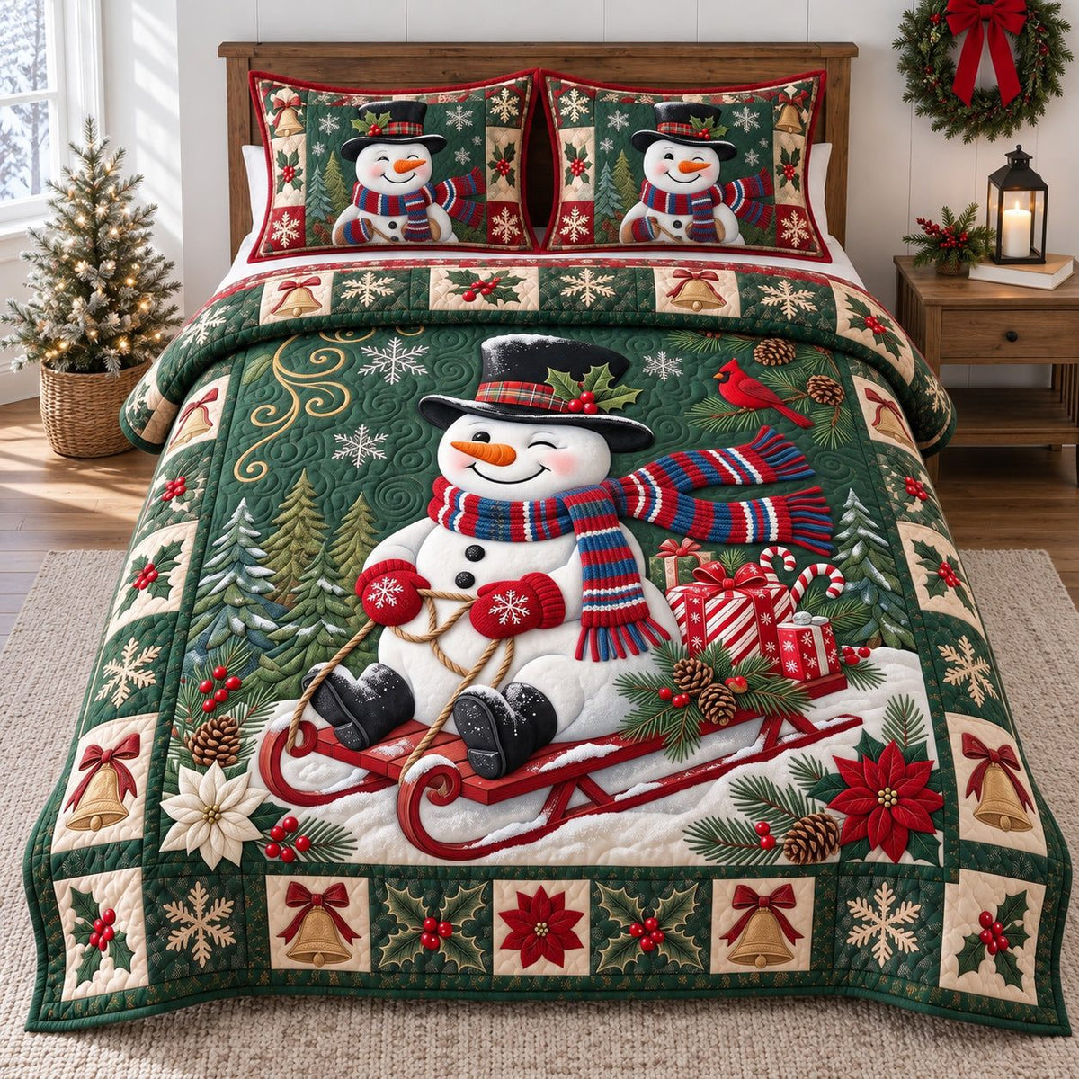 Sledding Snowman quilted 3-piece bedding set on a made bed in a winter-styled bedroom