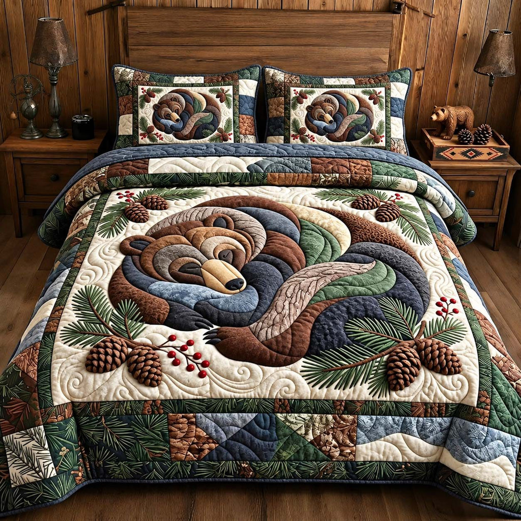 Sleeping Bear Forest quilted 3-piece bedding set on a made bed with two matching pillow shams