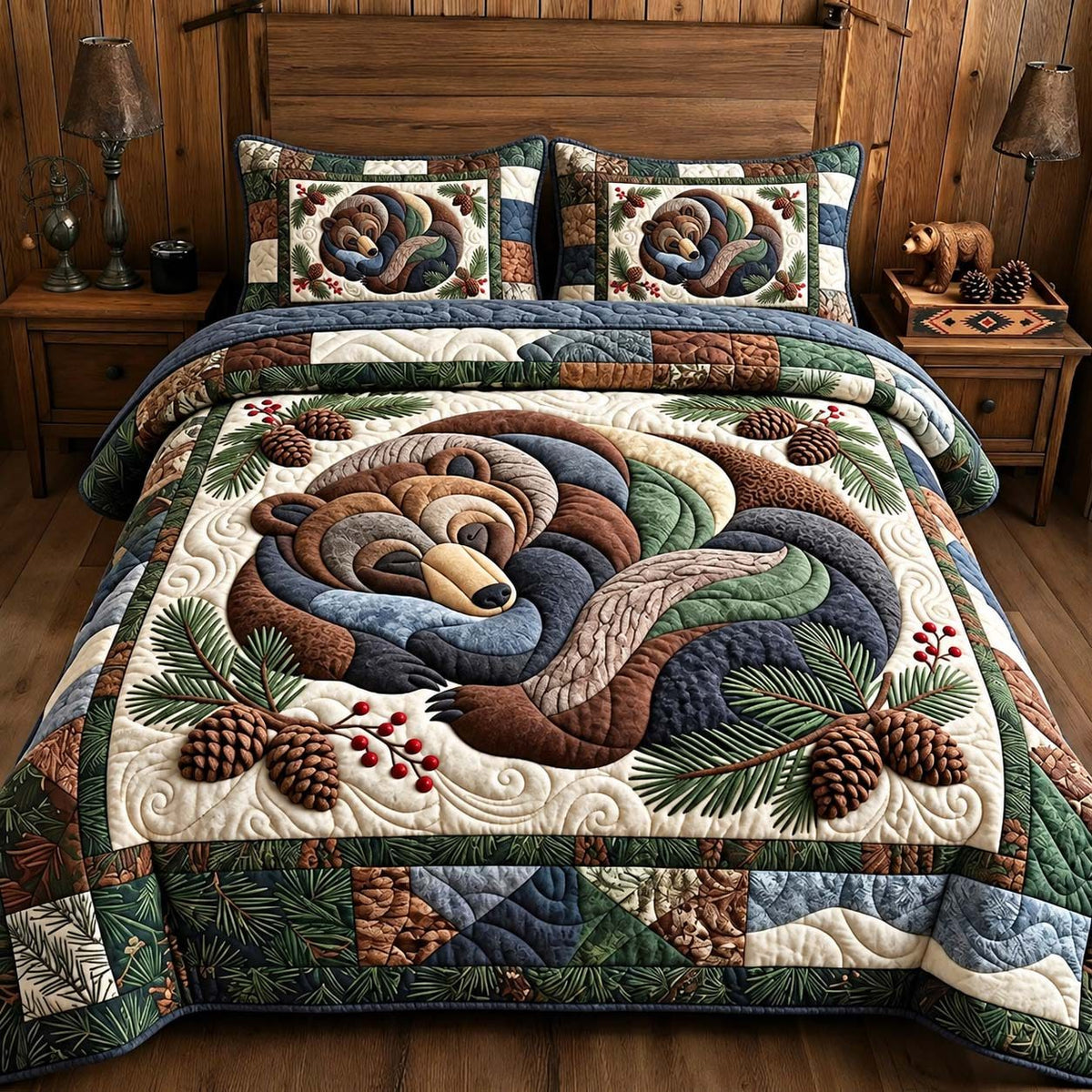 Sleeping Bear Forest quilted 3-piece bedding set on a made bed with two matching pillow shams