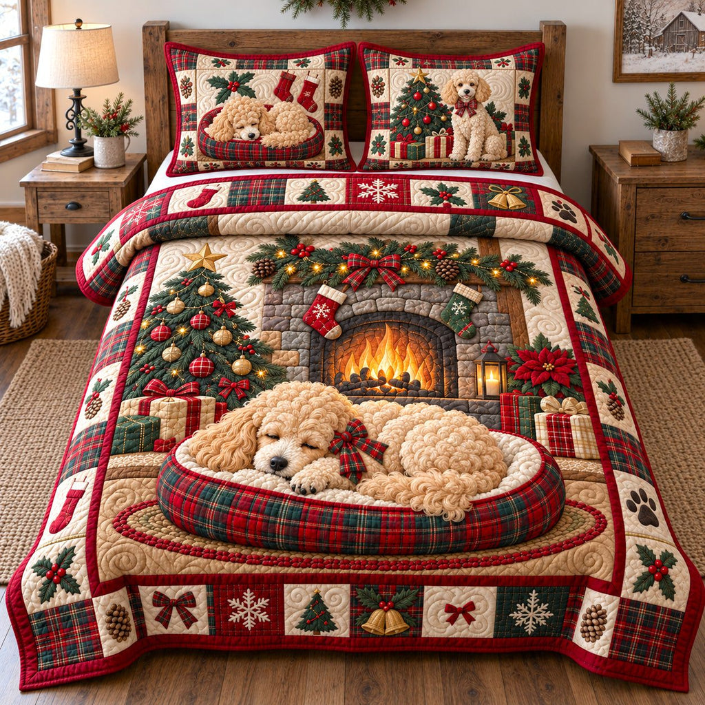 Sleeping Christmas Poodle quilted 3-piece bedding set on a made bed in a winter-styled bedroom