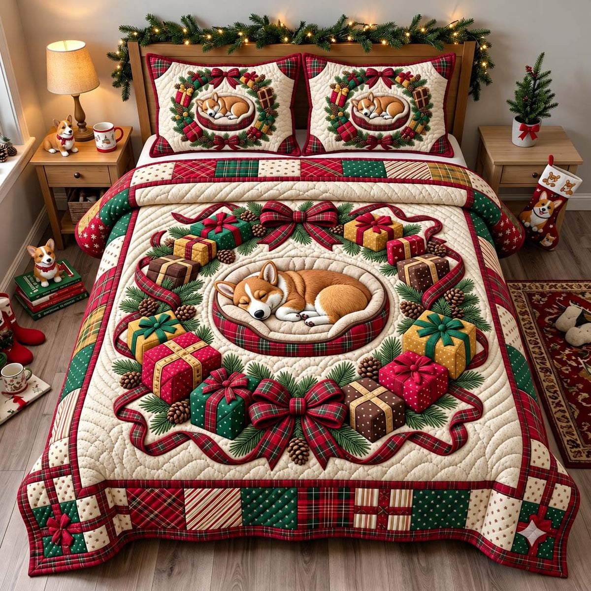 Sleeping Corgi Wreath quilted 3-piece bedding set on a made bed with two matching pillow shams