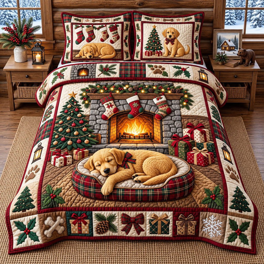 Sleeping Golden Puppy quilted 3-piece bedding set on a made bed with two matching pillow shams