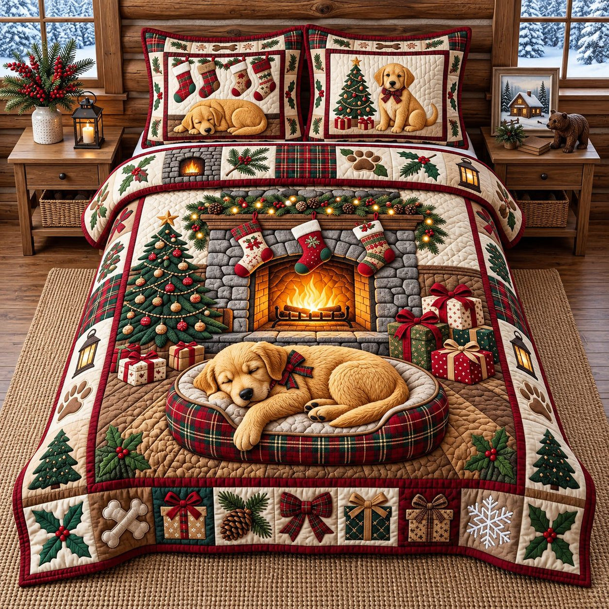 Sleeping Golden Puppy quilted 3-piece bedding set on a made bed with two matching pillow shams