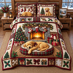 Sleeping Golden Puppy quilted 3-piece bedding set on a made bed with two matching pillow shams
