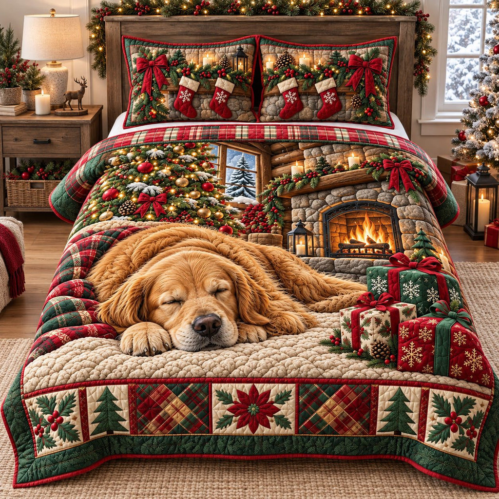 Sleeping Golden Retriever Christmas quilted 3-piece bedding set on a made bed in a winter-styled bedroom