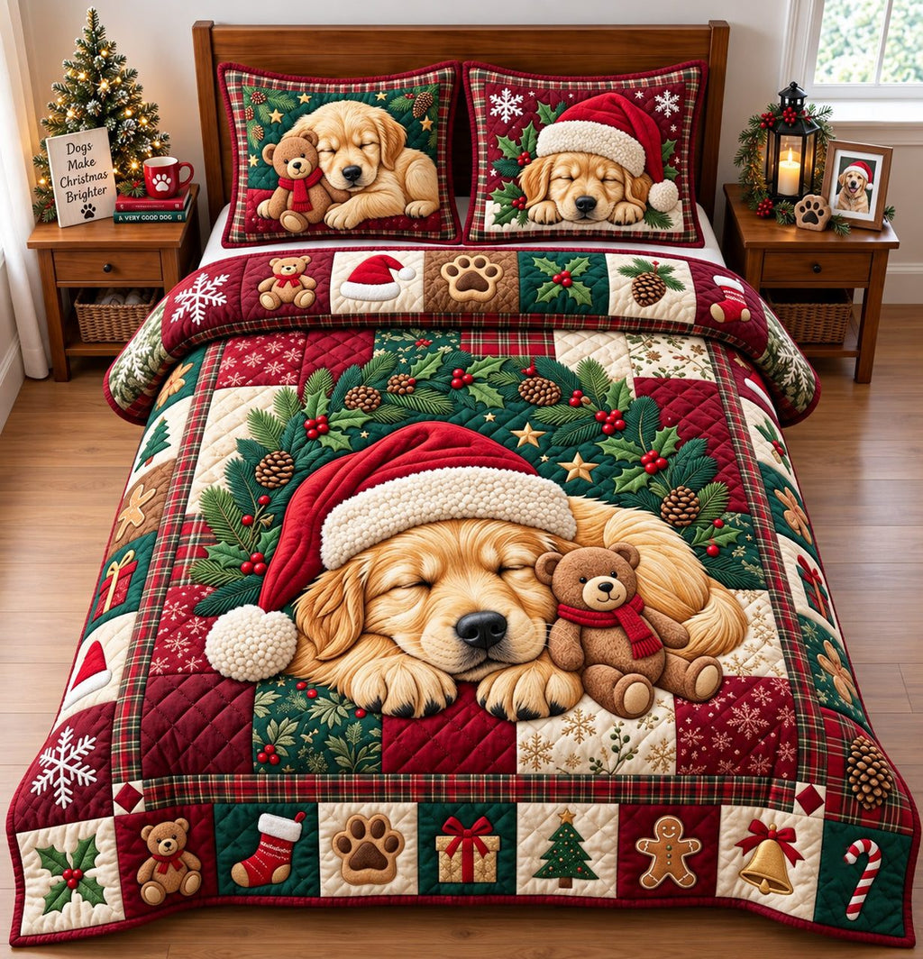 Sleeping Golden Retriever quilted 3-piece bedding set on a made bed with two matching pillow shams