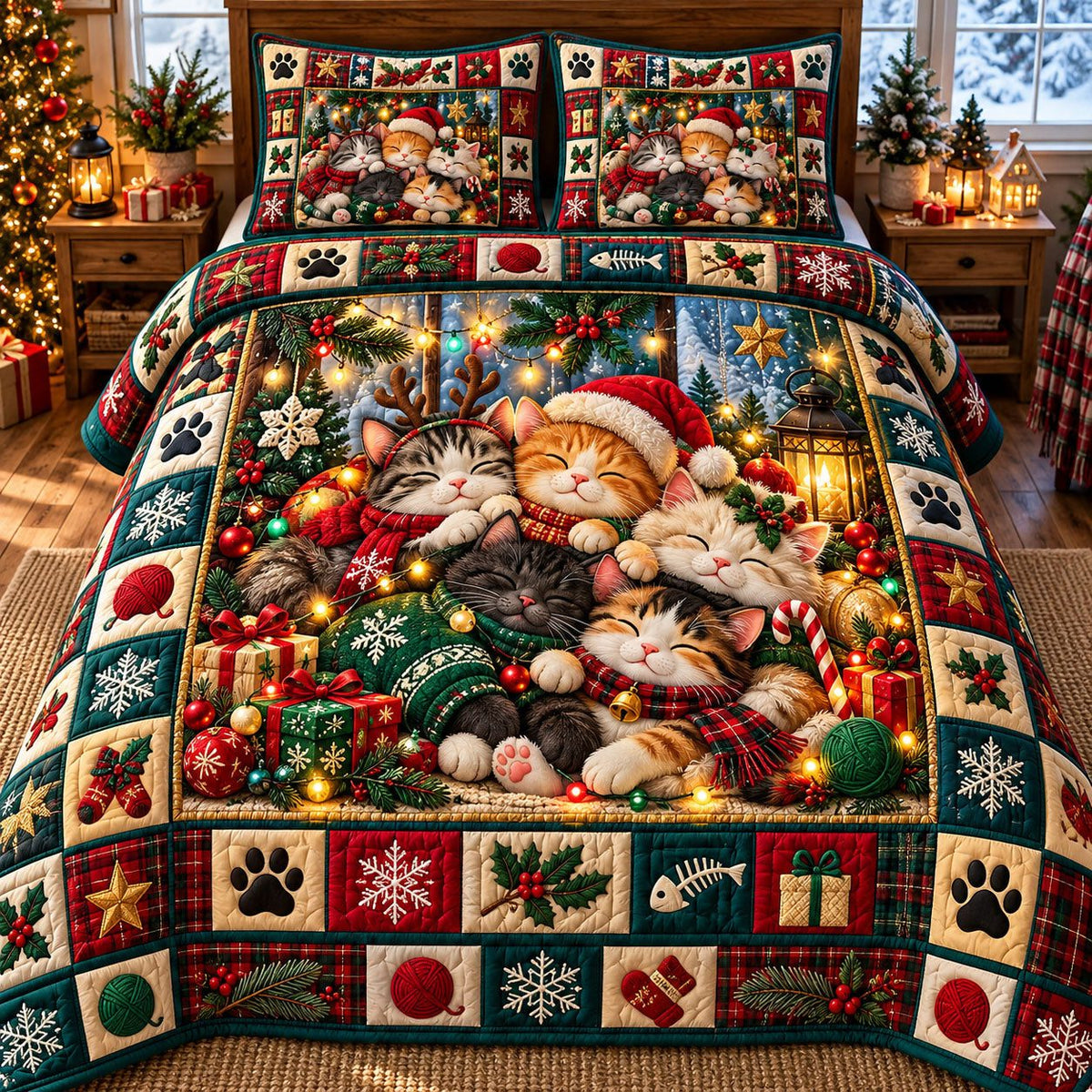 Sleeping Kittens Santa Hats quilted 3-piece bedding set on a made bed in a winter-styled bedroom