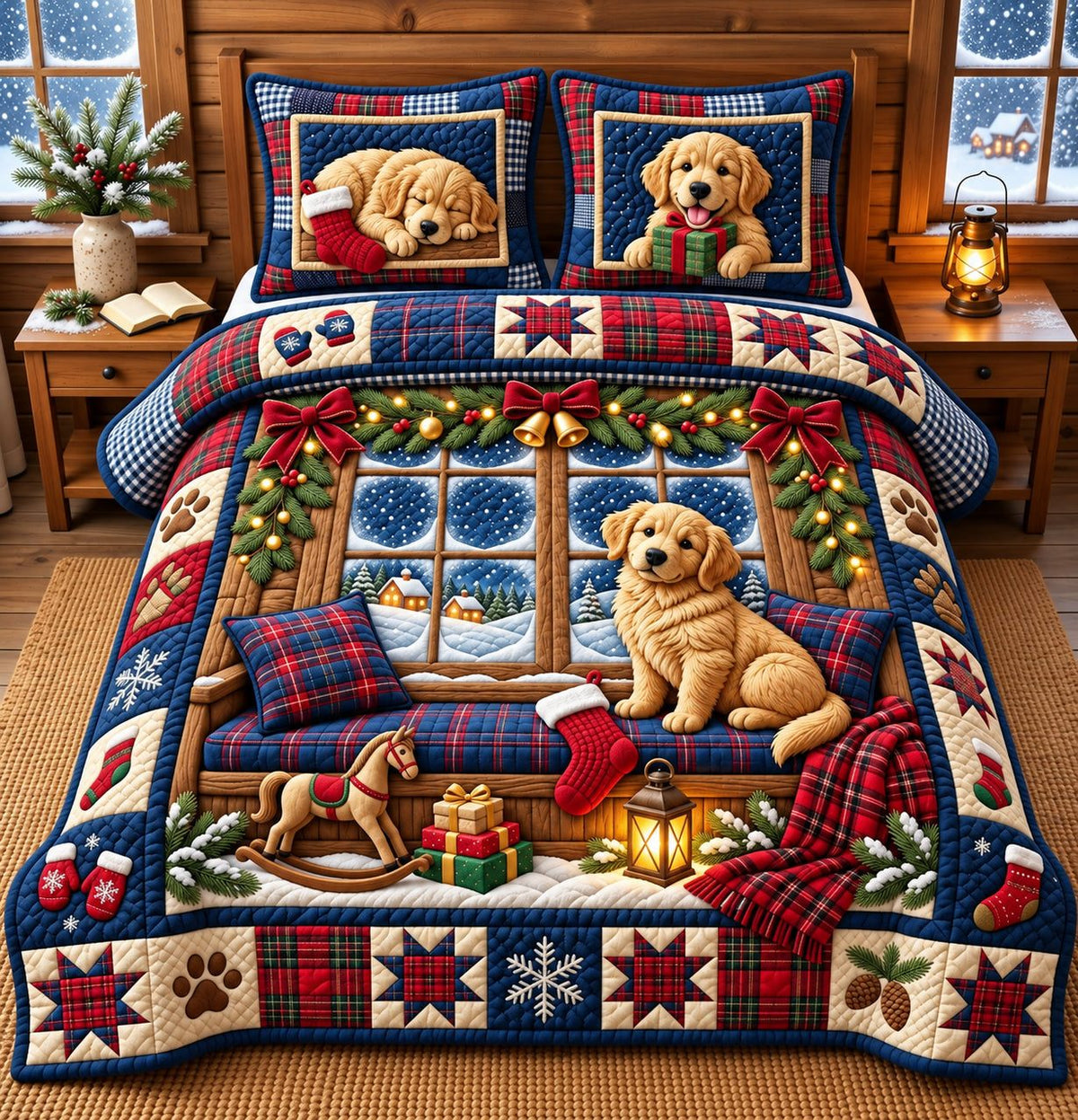 Sleepy Golden quilted 3-piece bedding set on a made bed with two matching pillow shams