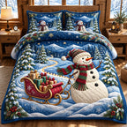 Sleigh And Gifts Snowman quilted 3-piece bedding set on a made bed in a winter-styled bedroom