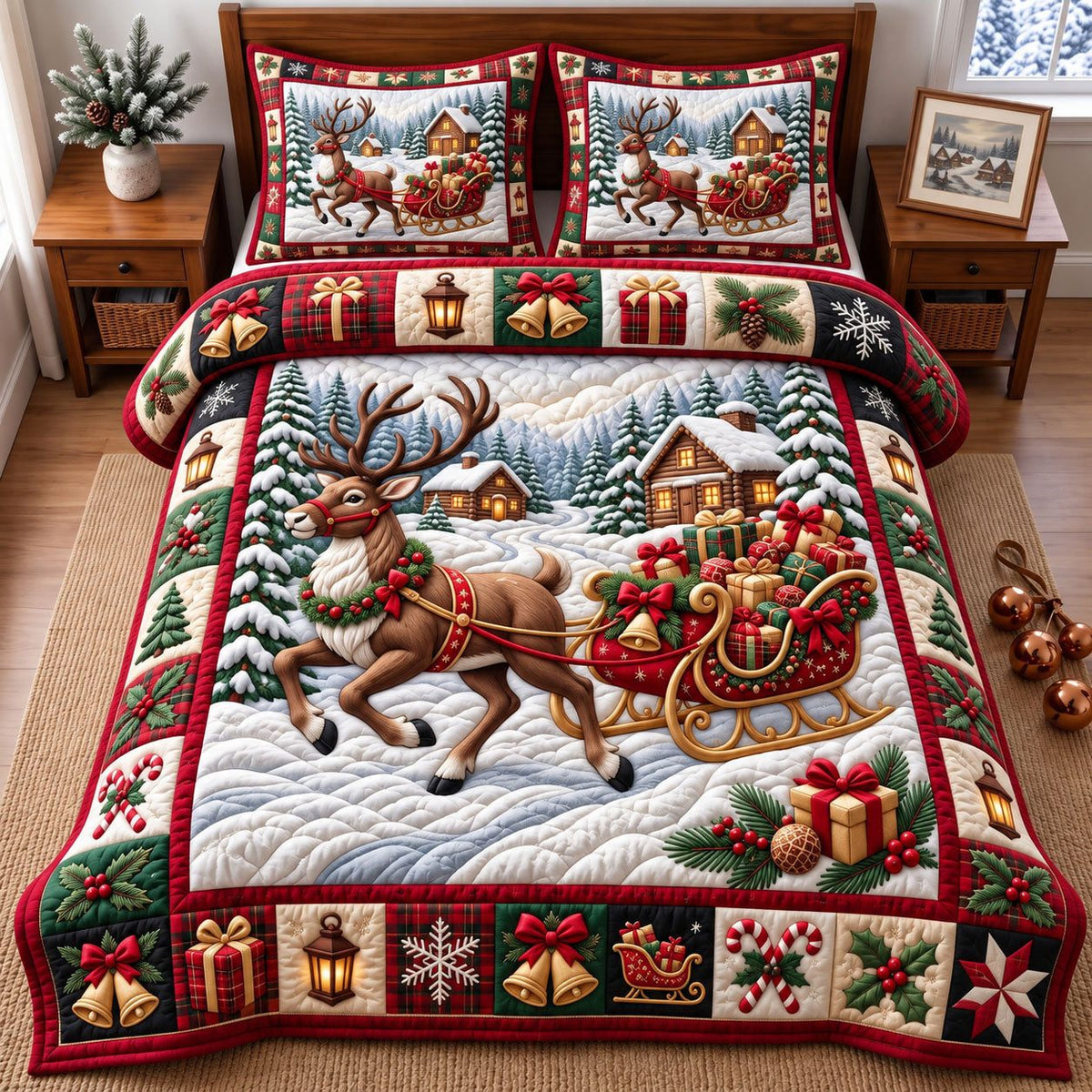Sleigh Pulling Reindeer Cabin quilted 3-piece bedding set on a made bed in a winter-styled bedroom