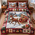 Sleigh Pulling Reindeer Cabin quilted 3-piece bedding set on a made bed in a winter-styled bedroom