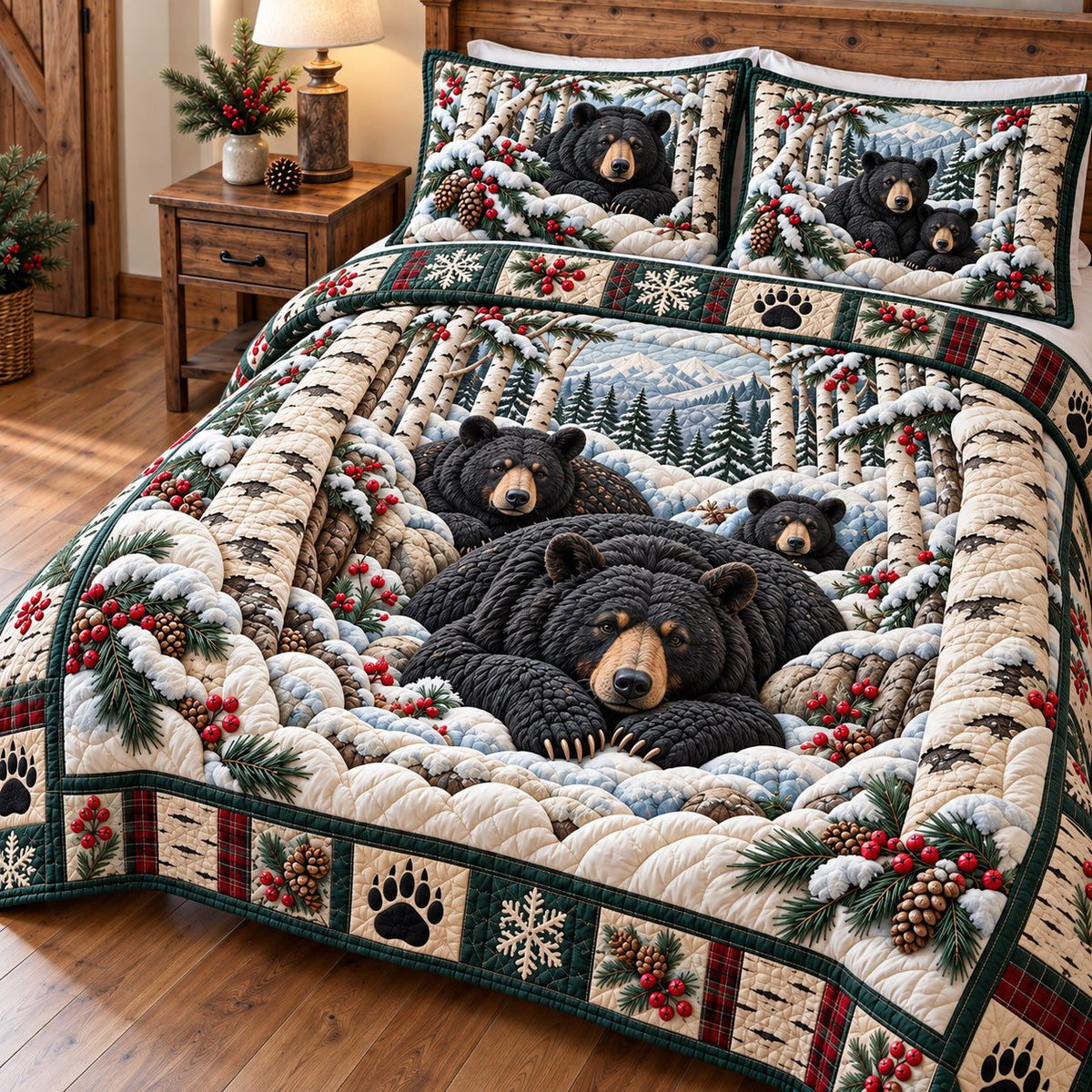 Snow Den Bear Cubs quilted 3-piece bedding set on a made bed with two matching pillow shams