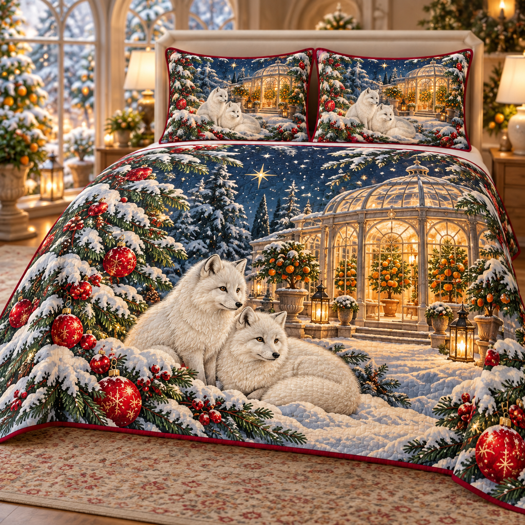 Snow Fox Winter Orangery printed Christmas quilt and two matching pillow shams; design mockup showing a flat printed depth effect.