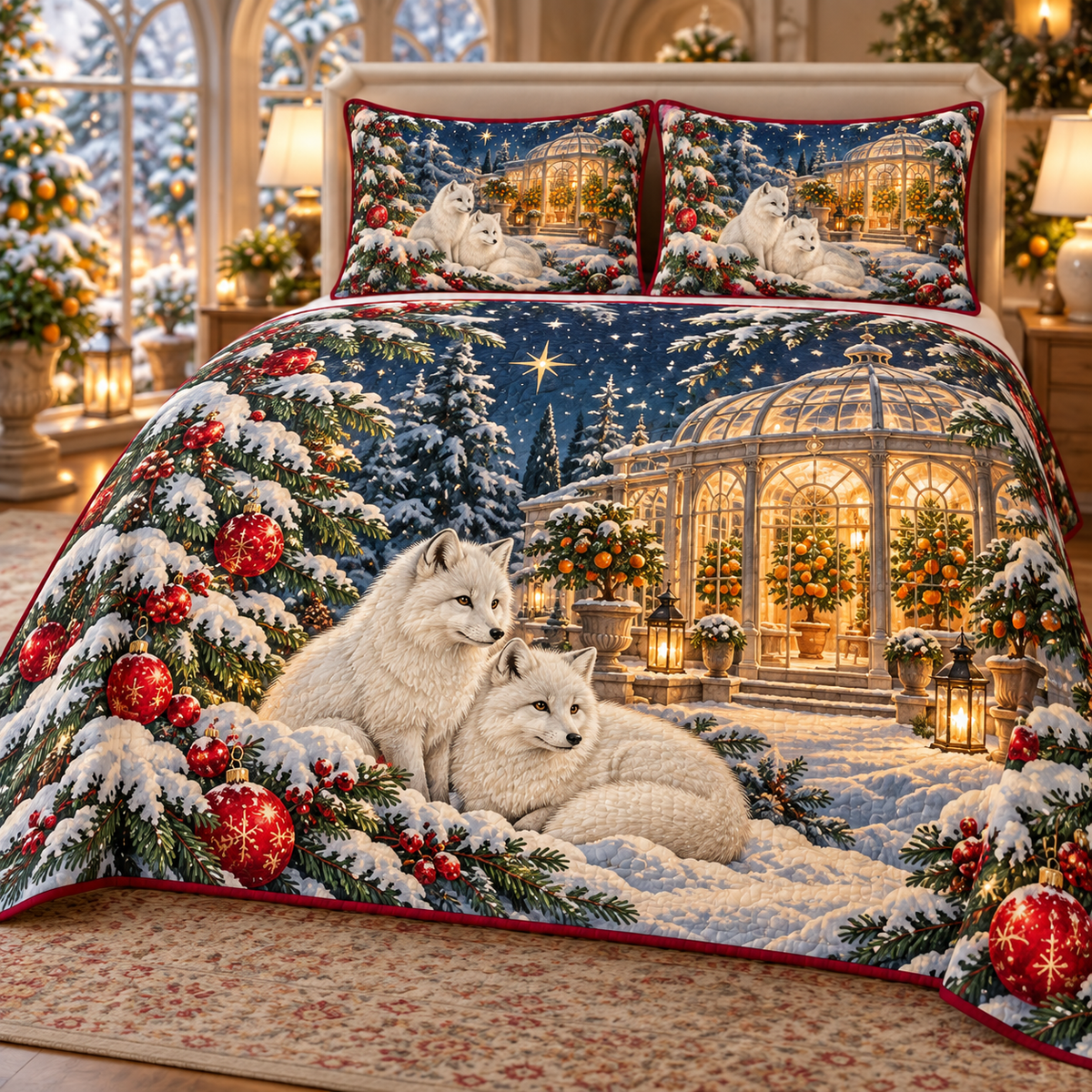 Snow Fox Winter Orangery printed Christmas quilt and two matching pillow shams; design mockup showing a flat printed depth effect.