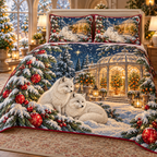 Snow Fox Winter Orangery printed Christmas quilt and two matching pillow shams; design mockup showing a flat printed depth effect.