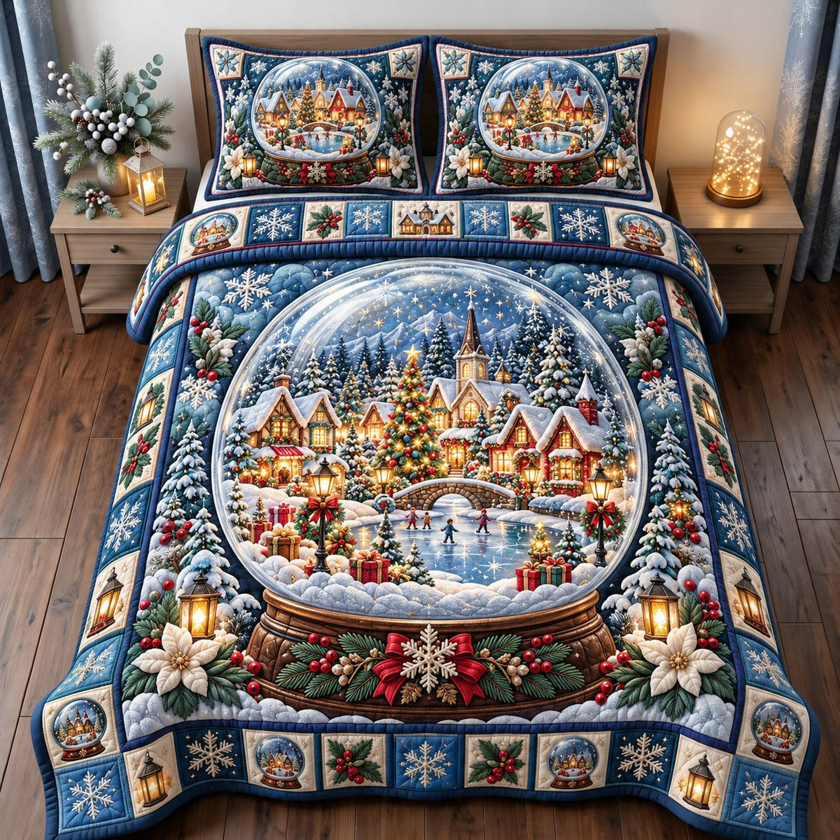 Snow Globe Christmas Village quilted 3-piece bedding set on a made bed in a winter-styled bedroom