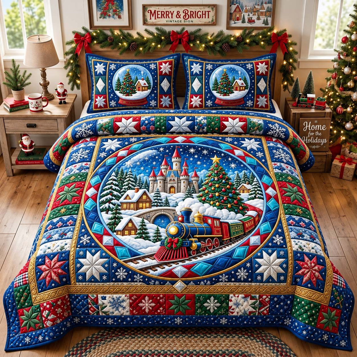 Snow Globe Express quilted 3-piece bedding set on a made bed with two matching pillow shams