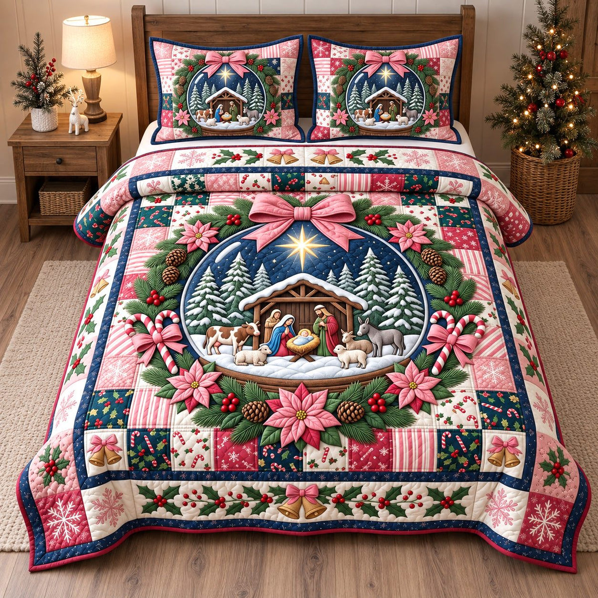 Snow Globe Nativity quilted 3-piece bedding set on a made bed in a winter-styled bedroom