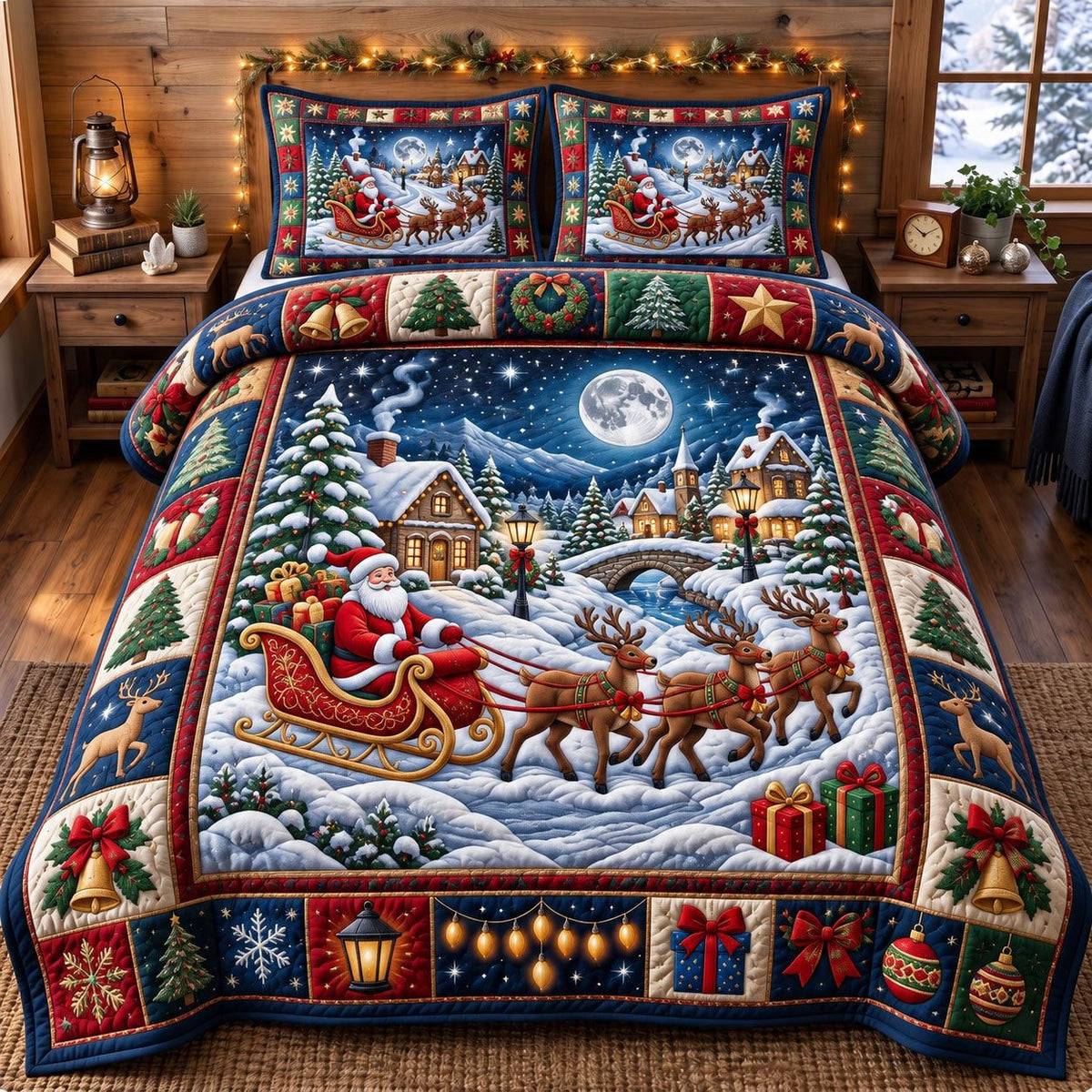 Snow Globe Santa Claus quilted 3-piece bedding set on a made bed in a winter-styled bedroom