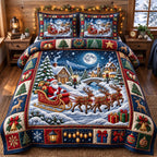 Snow Globe Santa Claus quilted 3-piece bedding set on a made bed in a winter-styled bedroom